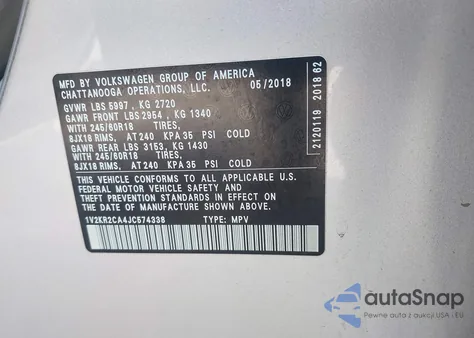 2018 Volkswagen Atlas 3.6L V6 Se из США, поврежденный, VIN 1V2KR2CA4JC574338